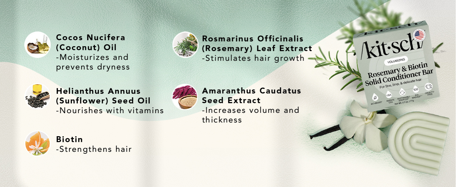 Kitsch Rosemary & Biotin Volumizing Hair Conditioner Bar for Hair Growth & Thickening &ndash; Hydrating & Cleansing Hair Conditioner for Women & Men - Paraben, Silicone & Sulfate Free 77g