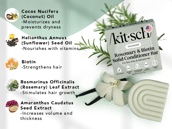 Kitsch Rosemary & Biotin Volumizing Hair Conditioner Bar for Hair Growth & Thickening &ndash; Hydrating & Cleansing Hair Conditioner for Women & Men - Paraben, Silicone & Sulfate Free 77g