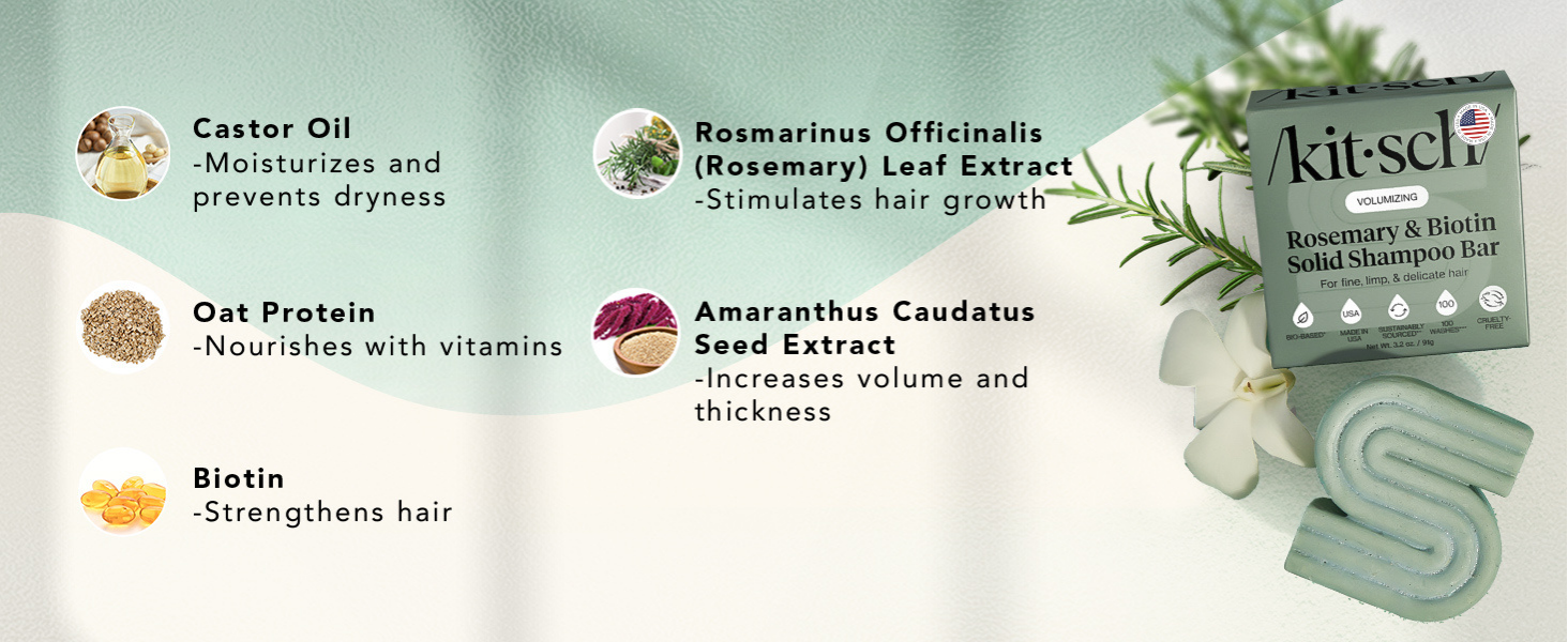 Kitsch Rosemary & Biotin Shampoo Bar - For Hair Growth, Strengthening, Thickening & Volumizing Shampoo for Women and Men - Free of Parabens, Sulfates & Silicones 91g