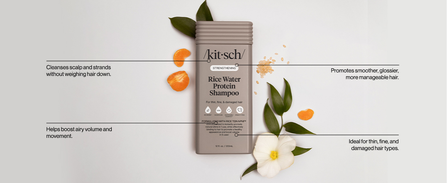 Kitsch Strengthening Rice Water Protein Shampoo for Men & Women &ndash; Hair Growth Shampoo & Volumizing Hair Care for Thin, Fine & Damaged Hair &ndash; Paraben, Phthalates & Silicone Free