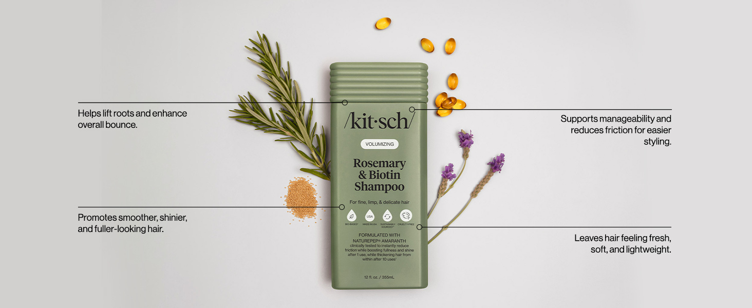 Kitsch Volumizing Rosemary & Biotin Liquid Shampoo for Hair Growth – Shampoo for Men and Women, Boosts Fullness & Shine After 1 Use – Clean Bio-Based Hair Care, Color-Safe