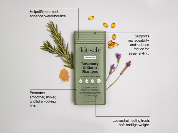 Kitsch Volumizing Rosemary & Biotin Liquid Shampoo for Hair Growth – Shampoo for Men and Women, Boosts Fullness & Shine After 1 Use – Clean Bio-Based Hair Care, Color-Safe