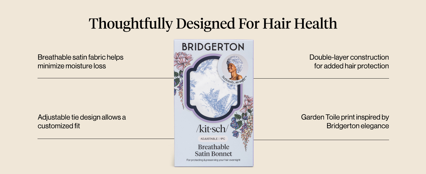 Kitsch x Bridgerton Satin Bonnet for Sleeping - Softer Than Silk Bonnet For Sleeping Women - Secure Fit, Adjustable, Night Cap For Curly & Textured Hair - Prevents Breakage & Tangles - Garden Toile