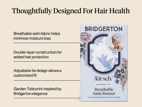 Kitsch x Bridgerton Satin Bonnet for Sleeping - Softer Than Silk Bonnet For Sleeping Women - Secure Fit, Adjustable, Night Cap For Curly & Textured Hair - Prevents Breakage & Tangles - Garden Toile
