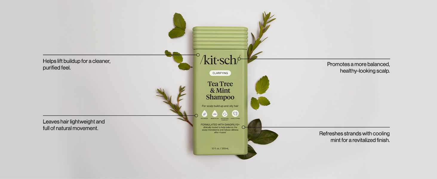 Kitsch Clarifying Tea Tree & Mint Liquid Shampoo for Men and Women – Clarifying Shampoo with Peppermint & Tea Tree Oil for Oily Hair & Scalp Buildup – Clean Color-Safe Hair Care, Made in USA