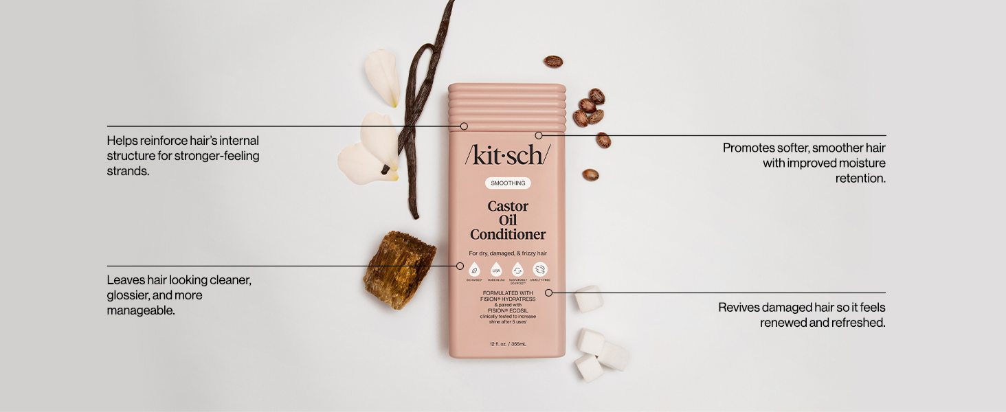 Kitsch Smoothing Castor Oil Liquid Conditioner for Women and Men &ndash; Nourishing Hair Conditioner for Dry, Damaged & Frizzy Hair &ndash; Clean, Color-Safe Hair Care, Bio-Based Formula, Made in USA