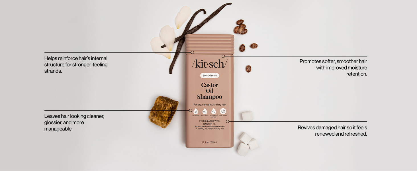 Kitsch Smoothing Castor Oil Liquid Shampoo &ndash; Nourishing Hair Shampoo for Men and Women &ndash; Smooths Dry, Damaged & Frizzy Hair &ndash; Clean, Bio-Based, Color-Safe Hair Care, Made in USA