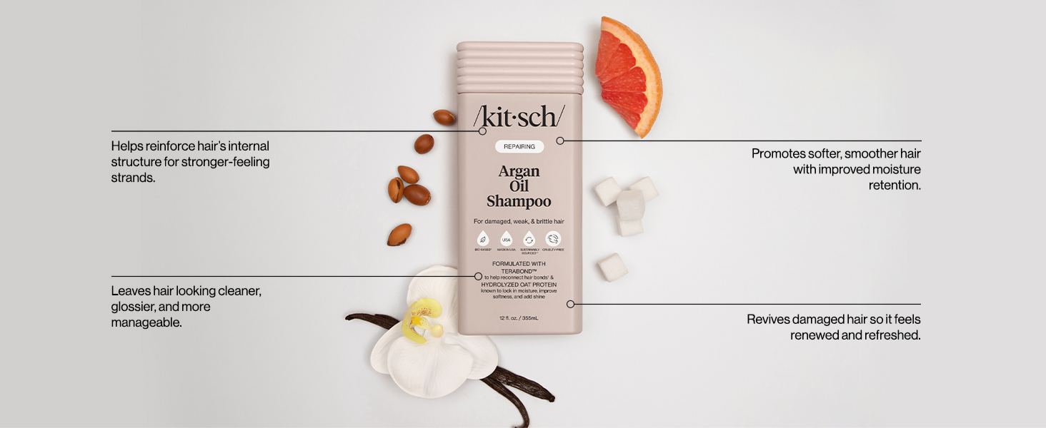 Kitsch Repairing Argan Oil Shampoo for Men & Women w/Terabond&trade; &ndash; Argan Oil for Hair, Repairs & Renews Damaged, Weak, & Brittle Hair &ndash; Silicone, Paraben & Sulfate Free Shampoo for Hair Care