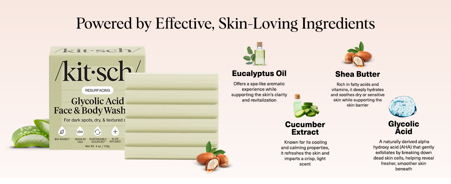 Kitsch Glycolic Acid Face & Body Wash Bar &ndash; Resurfacing Bar Soap with Shea Butter for Smoother, Brighter Skin &ndash; Gentle Soap & Body Wash Women & Men Love &ndash; Cucumber & Eucalyptus Scent Bath Soap - 113g