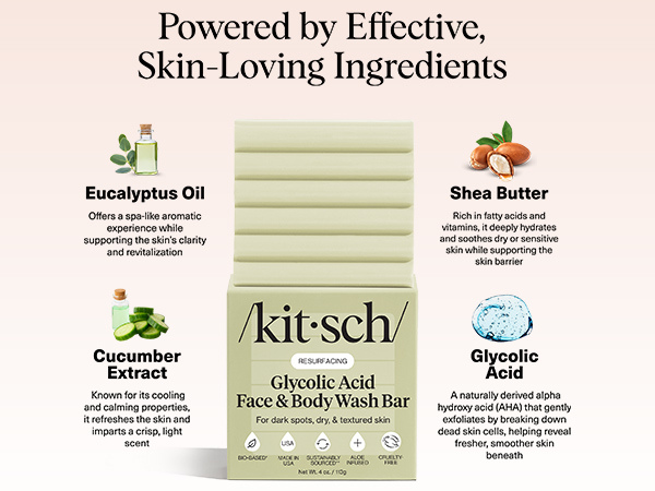 Kitsch Glycolic Acid Face & Body Wash Bar &ndash; Resurfacing Bar Soap with Shea Butter for Smoother, Brighter Skin &ndash; Gentle Soap & Body Wash Women & Men Love &ndash; Cucumber & Eucalyptus Scent Bath Soap - 113g