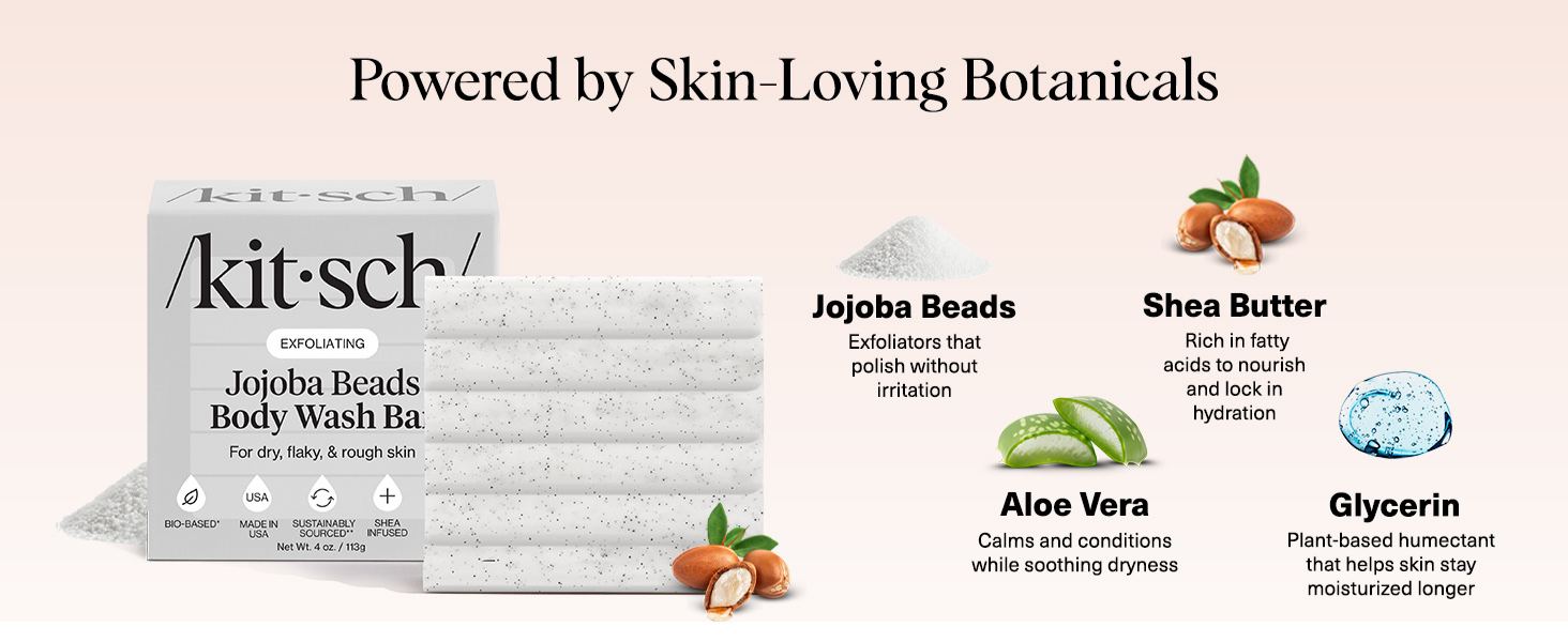 Kitsch Jojoba Beads Exfoliating Body Wash Bar &ndash; Nourishing Bar Soap with Shea Butter & Aloe for Dry, Flaky Skin &ndash; Soap bar & Body Scrub for Smooth, Refreshed Skin &ndash; Rosemary & Cedarwood Scent - 113g