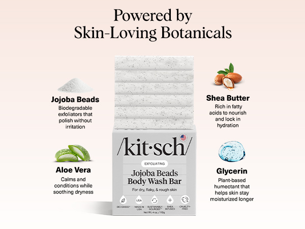 Kitsch Jojoba Beads Exfoliating Body Wash Bar &ndash; Nourishing Bar Soap with Shea Butter & Aloe for Dry, Flaky Skin &ndash; Soap bar & Body Scrub for Smooth, Refreshed Skin &ndash; Rosemary & Cedarwood Scent - 113g