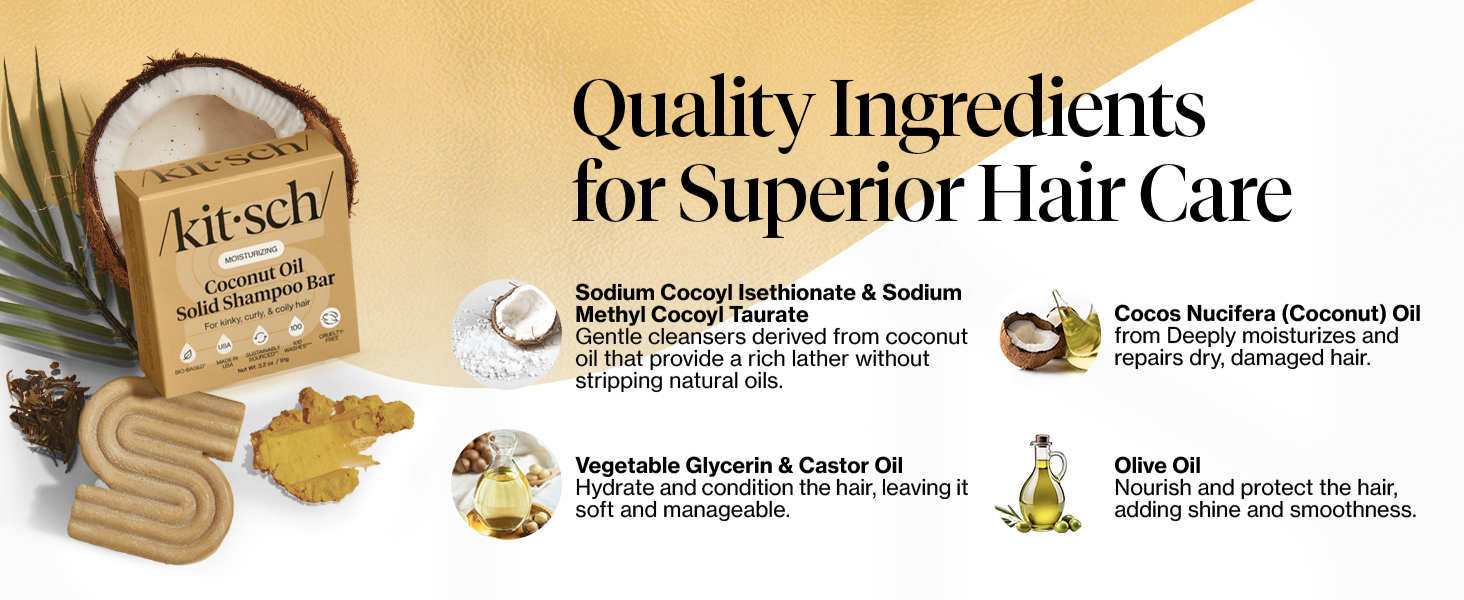 Kitsch Coconut Oil Shampoo Bar - Hydrate & Soften Dry Damaged Hair - Deep Moisturizing Curly Hair Shampoo - Safe Shampoo for Color Treated Hair - Silicone, Paraben & Sulfate Free - Made in USA