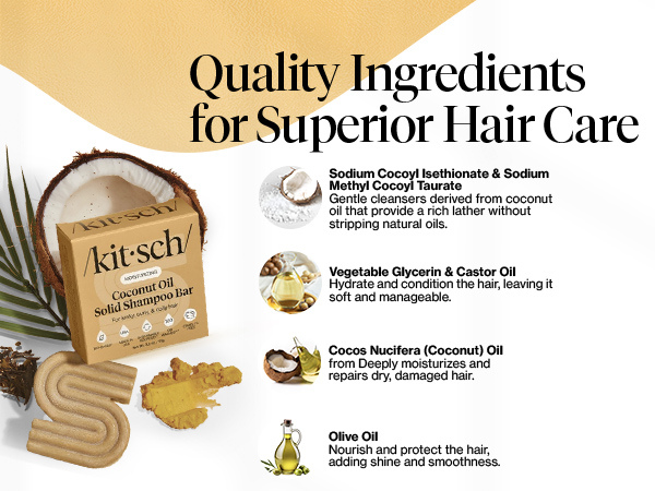 Kitsch Coconut Oil Shampoo Bar - Hydrate & Soften Dry Damaged Hair - Deep Moisturizing Curly Hair Shampoo - Safe Shampoo for Color Treated Hair - Silicone, Paraben & Sulfate Free - Made in USA
