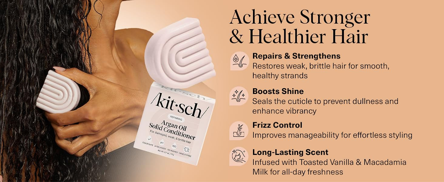 Kitsch Argan Oil Conditioner Bar &ndash; Repairing Hair Conditioner for Damaged Hair, Anti-Frizz &ndash; Strengthening, Moisturizing Hair Care &ndash; Paraben, Silicone & Sulfate-Free &ndash; Made in USA