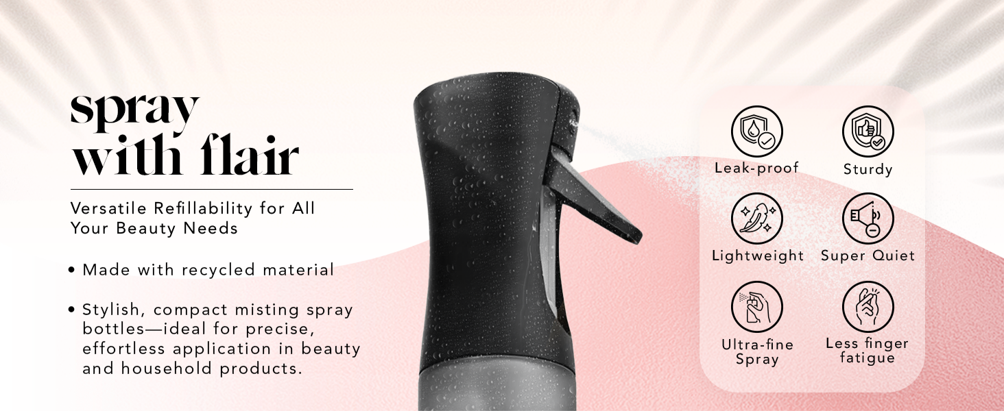 Kitsch Continuous Spray Bottle for Hair &ndash; Fine Mist Water Mister & Water Spray Bottle &ndash; Recycled Hair Spray Bottle &ndash; Spray Bottles for Cleaning, Styling, Plants & More &ndash; Black, 150ml