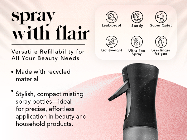 Kitsch Continuous Spray Bottle for Hair &ndash; Fine Mist Water Mister & Water Spray Bottle &ndash; Recycled Hair Spray Bottle &ndash; Spray Bottles for Cleaning, Styling, Plants & More &ndash; Black, 150ml