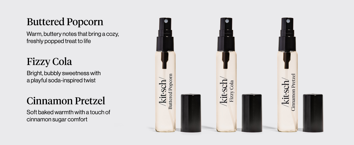 Kitsch Hair Perfume for Women - Movie Theater Set | Deodorizing & Patented Odor-Eliminating Technology Hair Spray & Body Mist - Buttered Popcorn, Fizzy Cola & Cinnamon Pretzel, 3x10mL