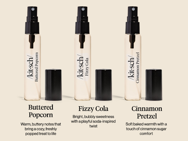 Kitsch Hair Perfume for Women - Movie Theater Set | Deodorizing & Patented Odor-Eliminating Technology Hair Spray & Body Mist - Buttered Popcorn, Fizzy Cola & Cinnamon Pretzel, 3x10mL