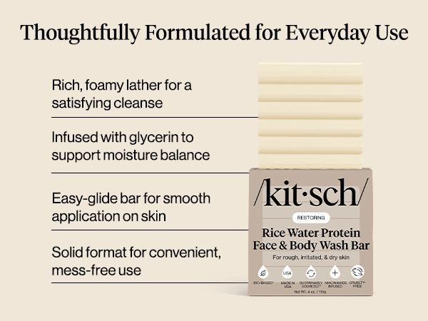 Rice Water Protein Restoring Face & Body Wash Bar Soap – Hydrating Face Wash & Body Wash, Skin Care Cleanser with Niacinamide & Oat Peptides, Gentle Moisturizing for Dry & Sensitive Skin - 113g
