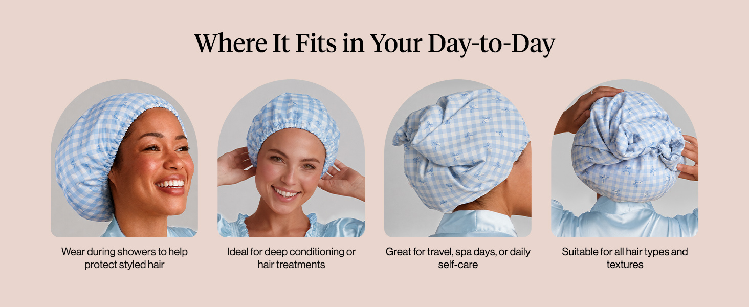 Kitsch Luxury Satin-Lined Flexi Shower Cap for Women - Gingham Blue | Shower Caps for Women Reusable Waterproof - Non-slip, Comfortable Quick-dry Hair Shower Cap for All Hair Types