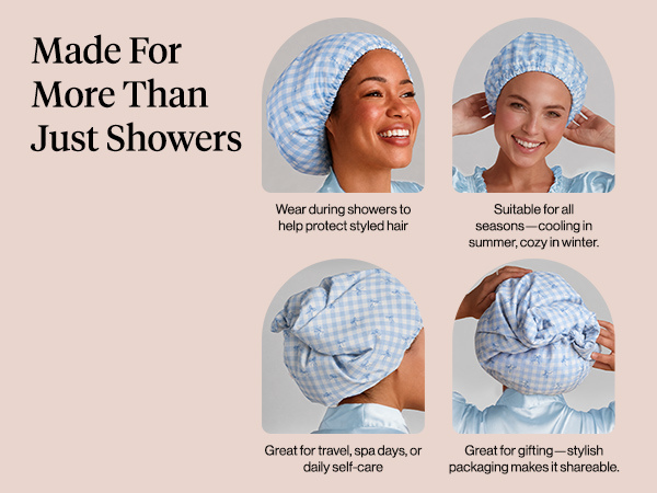 Kitsch Luxury Satin-Lined Flexi Shower Cap for Women - Gingham Blue | Shower Caps for Women Reusable Waterproof - Non-slip, Comfortable Quick-dry Hair Shower Cap for All Hair Types