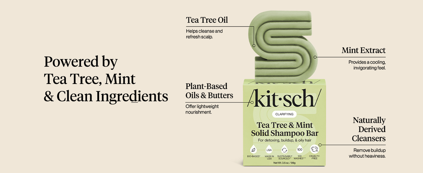 Kitsch Clarifying Tea Tree & Mint Shampoo Bar Soap - Made in USA - Clarifying Shampoo for Build-Up Removal - Hair Shampoo for Women and Men for Scalp & Oil Control - Vegan Hair Care