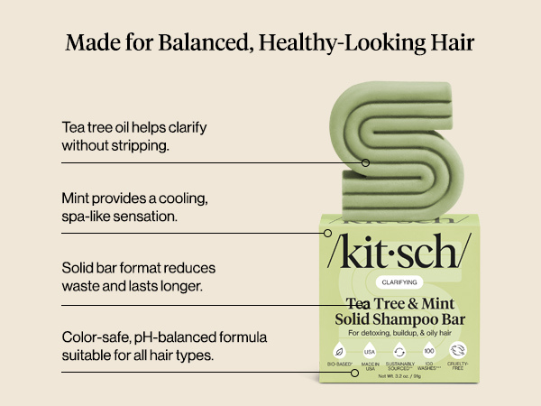 Kitsch Clarifying Tea Tree & Mint Shampoo Bar Soap - Made in USA - Clarifying Shampoo for Build-Up Removal - Hair Shampoo for Women and Men for Scalp & Oil Control - Vegan Hair Care