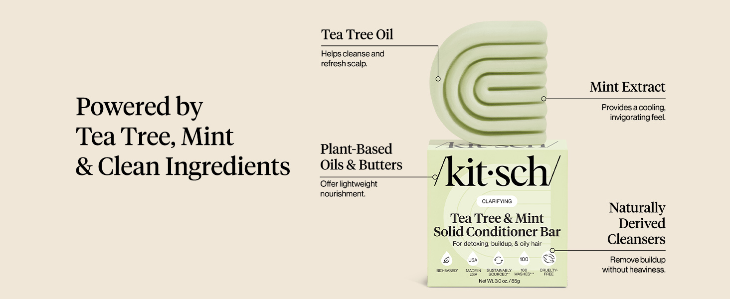 Kitsch Clarifying Tea Tree & Mint Conditioner Bar Soap - Hair Conditioner for Scalp & Oil Control - Tea Tree Conditioner for Women and Men - Vegan Hair Care, Made in USA