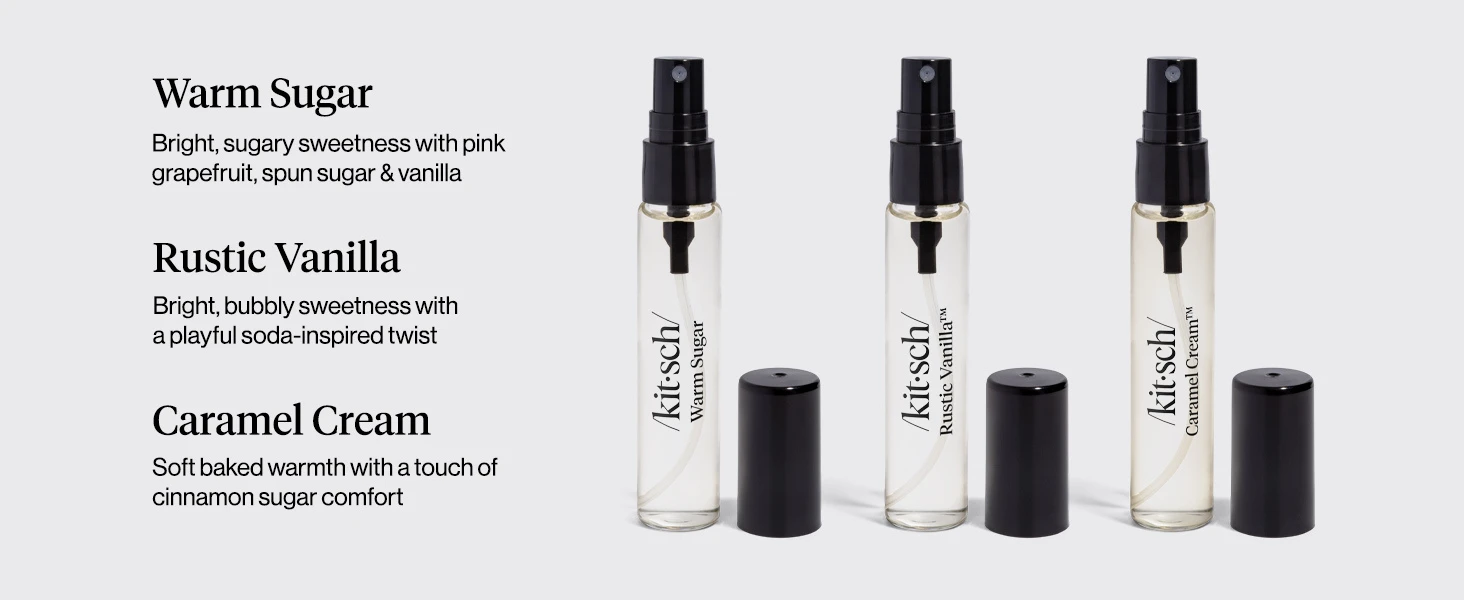 Kitsch Trio Vanilla Vault Hair Perfume for Women - Hair Spray & Body Mist, Clean, Deodorizing & Patented Odor-Eliminating Technology – Freshen Hair, Body & Pillows – Made in USA – 3x10mL