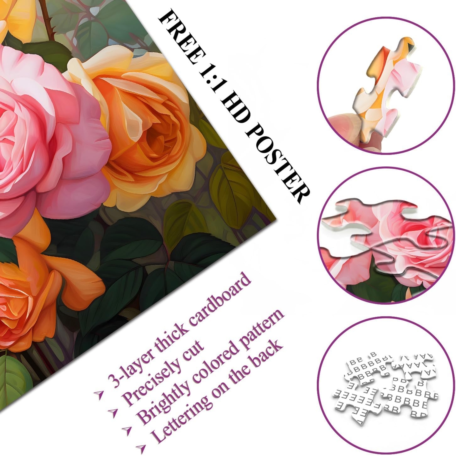 The rose puzzles painting puzzle are made of recyclable three-layer cardboard and precisely cut for a snug fit.Challenging puzzles for adults 1000 piece puzzles flowers features high resolution, matte finish and smooth edging.