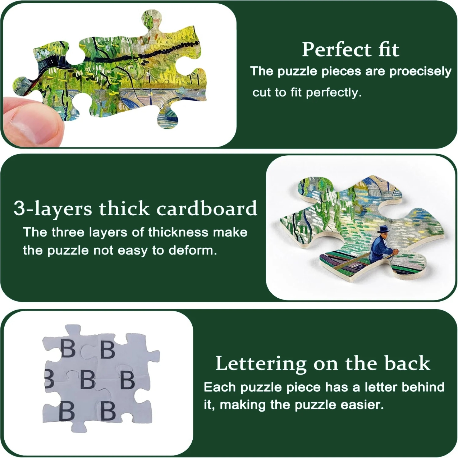 Spring lake tour puzzles is printed on three layers of thick white cardboard, precision cutting and clear printing, features vivid color and smooth surface, also has the letters on the back, will help you complete the puzzle.