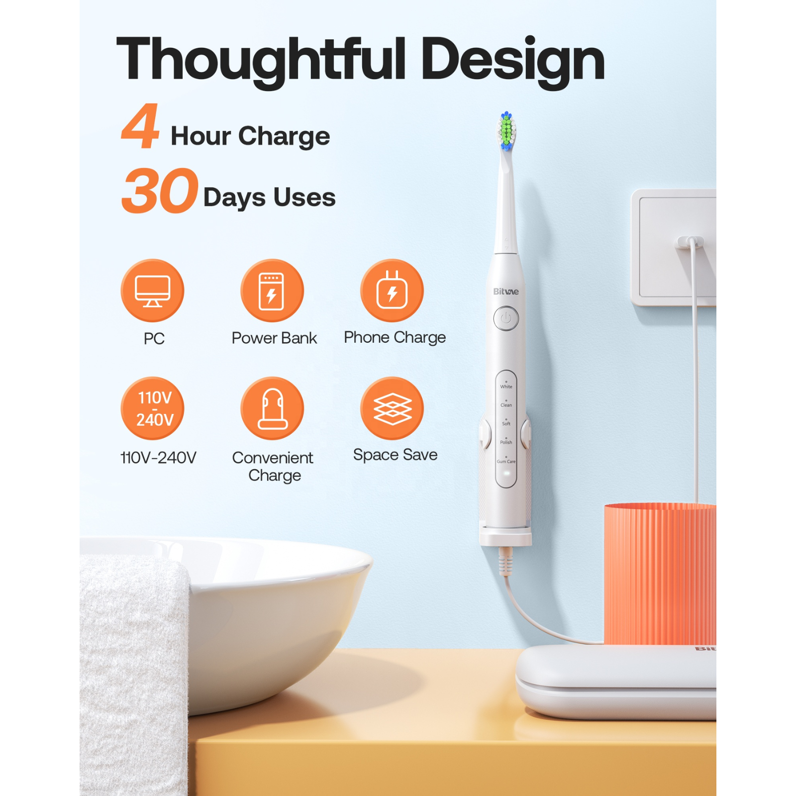 Bitvae Electric Toothbrush thoughtful design 4 hour charge using USB for 30 days use