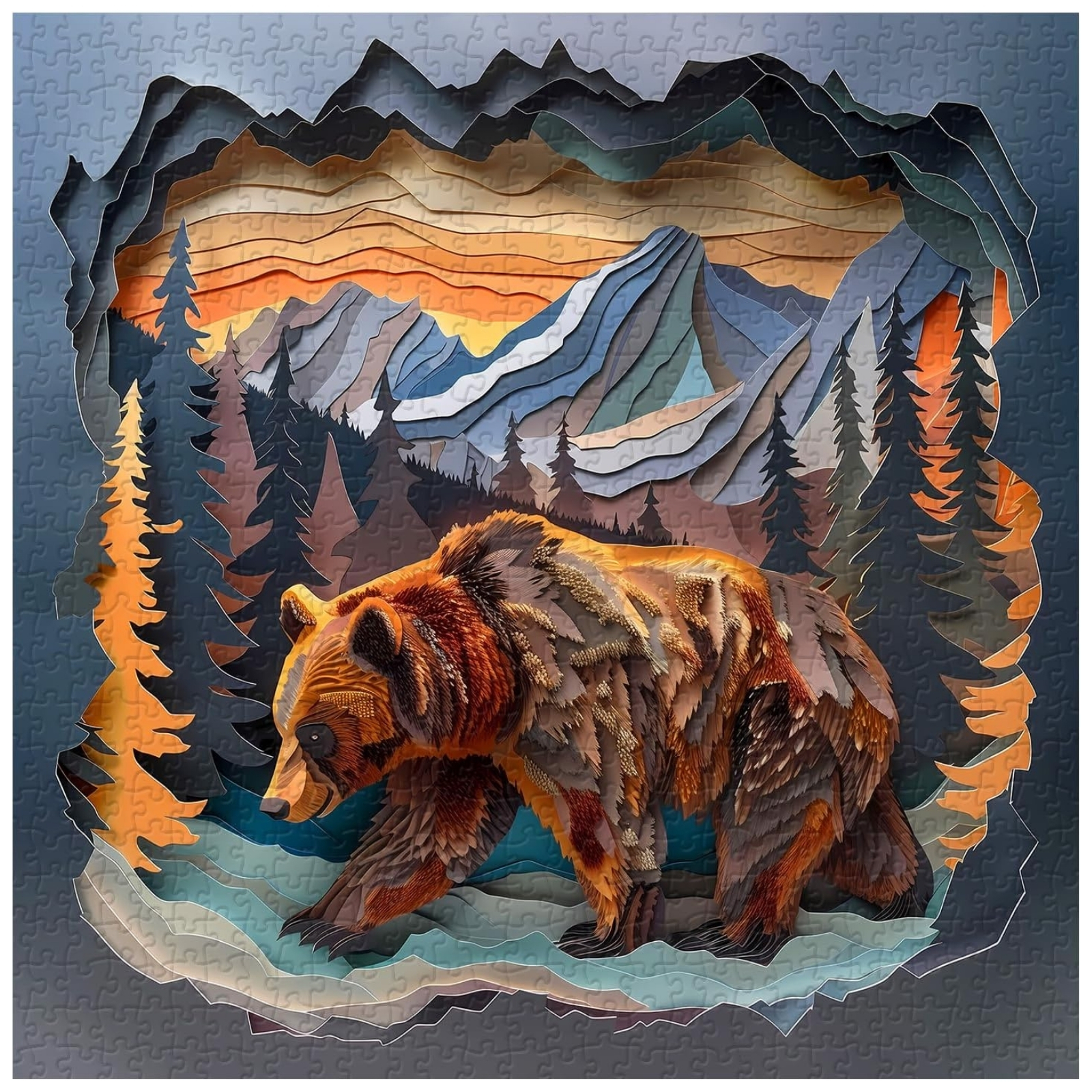 Bear's Journey 1000 Piece Jigsaw Puzzle for Adults. This puzzle uses a delicate paper-cut style to depict a majestic bear adventuring in a charming landscape. Every detail is cleverly designed, as if you are in a fantasy paper art world.