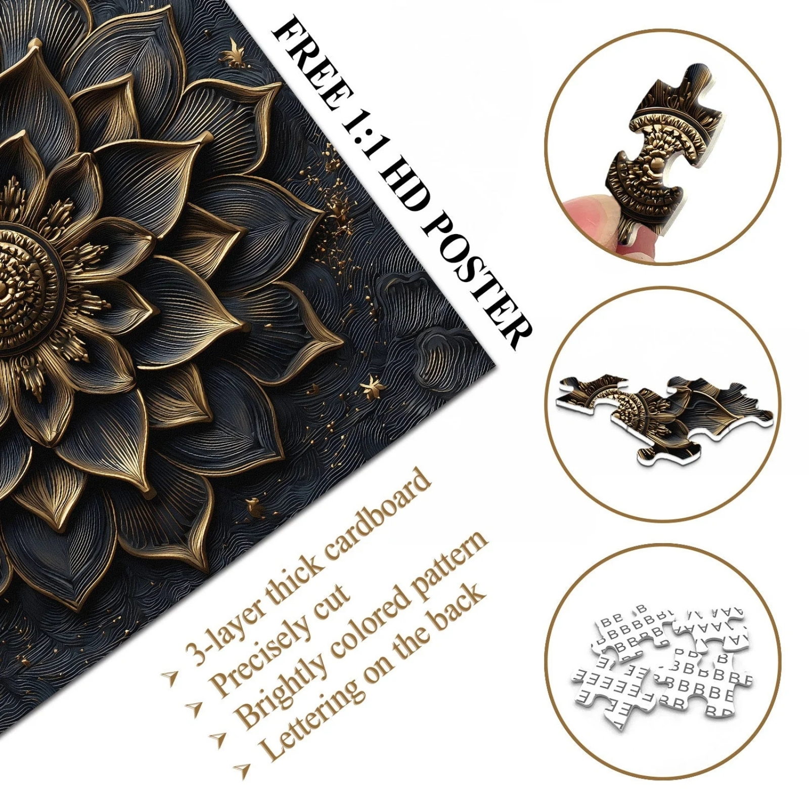 Black Gold Flower 1000 Piece Jigsaw Puzzle for Adults - High Quality Puzzle
