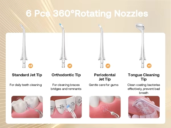 Water Flosser Bitvae C6, 6 Pcs 360 degree Rotating Nozzles, 2 Standard Jet Tip, 1 Orthodontic Tip, 1 Peridontal Jet Tip and 1 Tongue Cleaning Tip