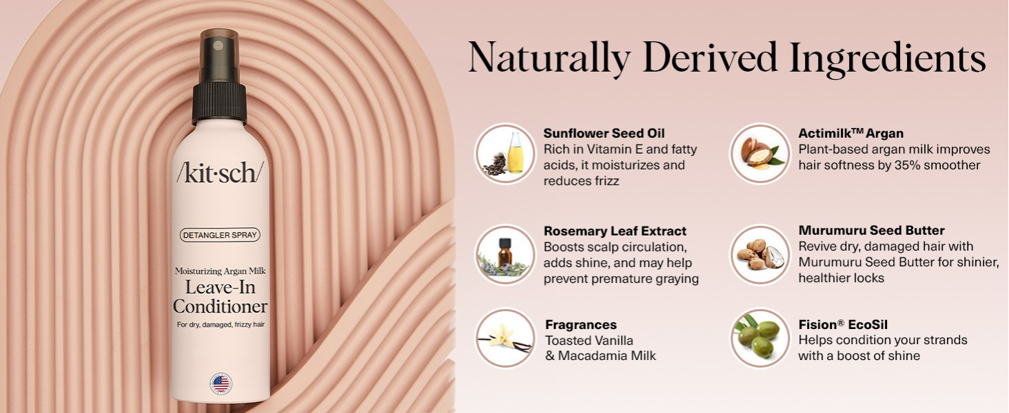 Kitsch Argan Milk Leave In Conditioner Spray – Hair Detangler Spray for Curly, Wavy, Fine, Dry & Damaged Hair - Silicone-Free | Ideal Gifts for Women