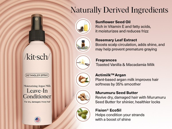 Kitsch Argan Milk Leave In Conditioner Spray – Hair Detangler Spray for Curly, Wavy, Fine, Dry & Damaged Hair - Silicone-Free | Ideal Gifts for Women