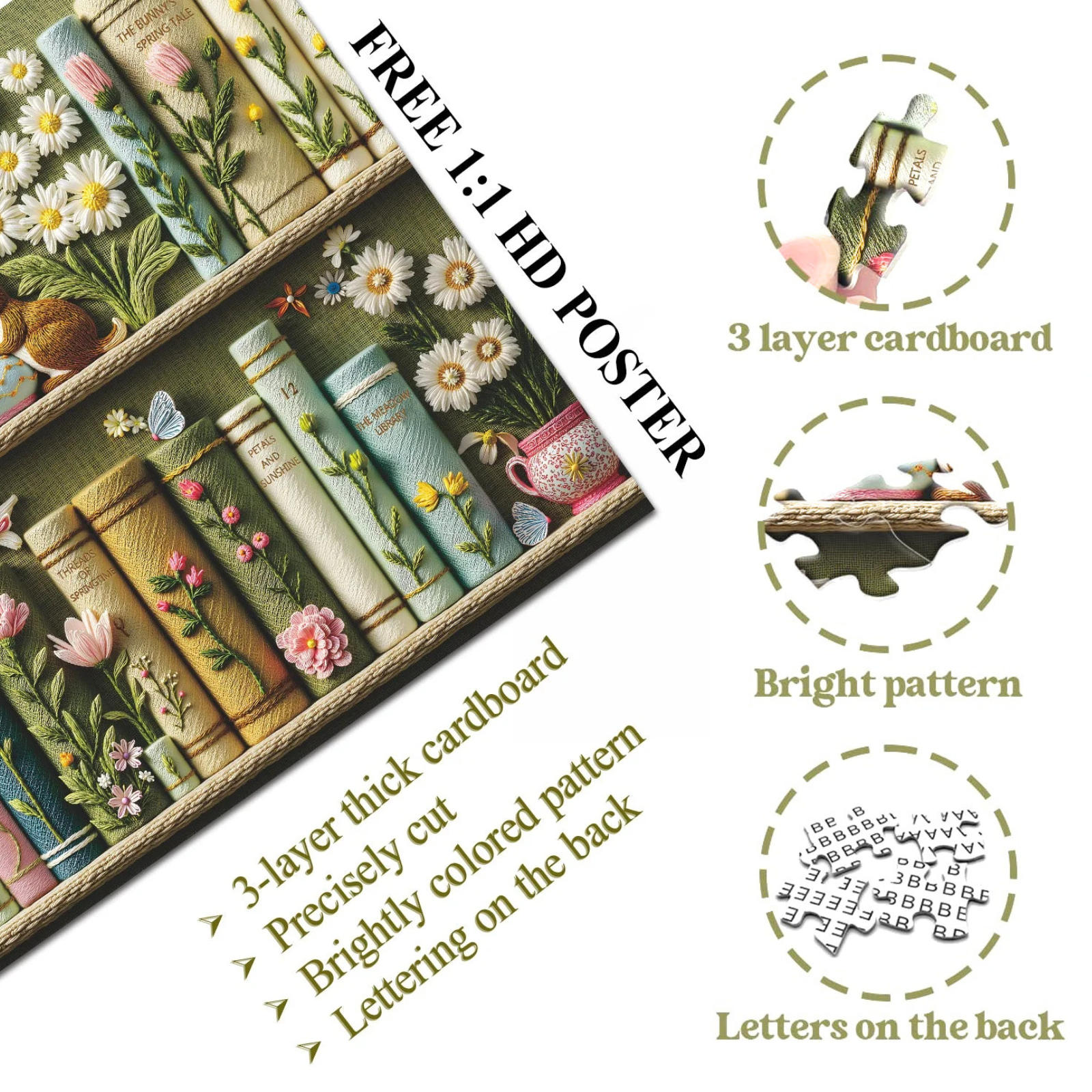 Spring Floral Bookshelf Puzzles for Adults 1000 Pieces, Challenging Bunny Garden Library with Flower and Butterfly, Vintage Botanical Book Spine Aesthetic Art Jigsaw Puzzle