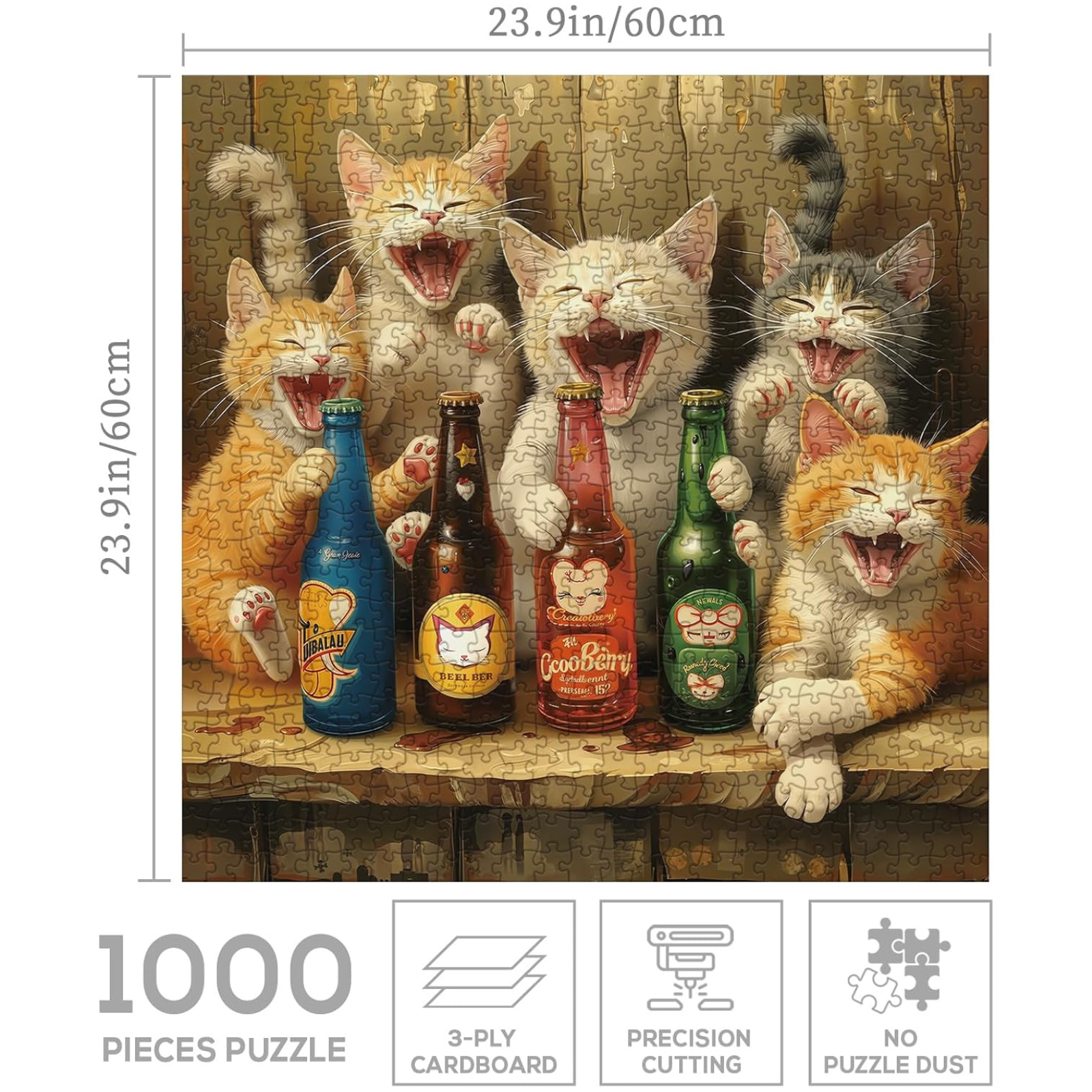 Cat Bottle Funny 1000 Pieces for Adults, Kitty Vintage Beer Jigsaw Puzzle, Cute Animal Liquor Bottle Art Puzzles