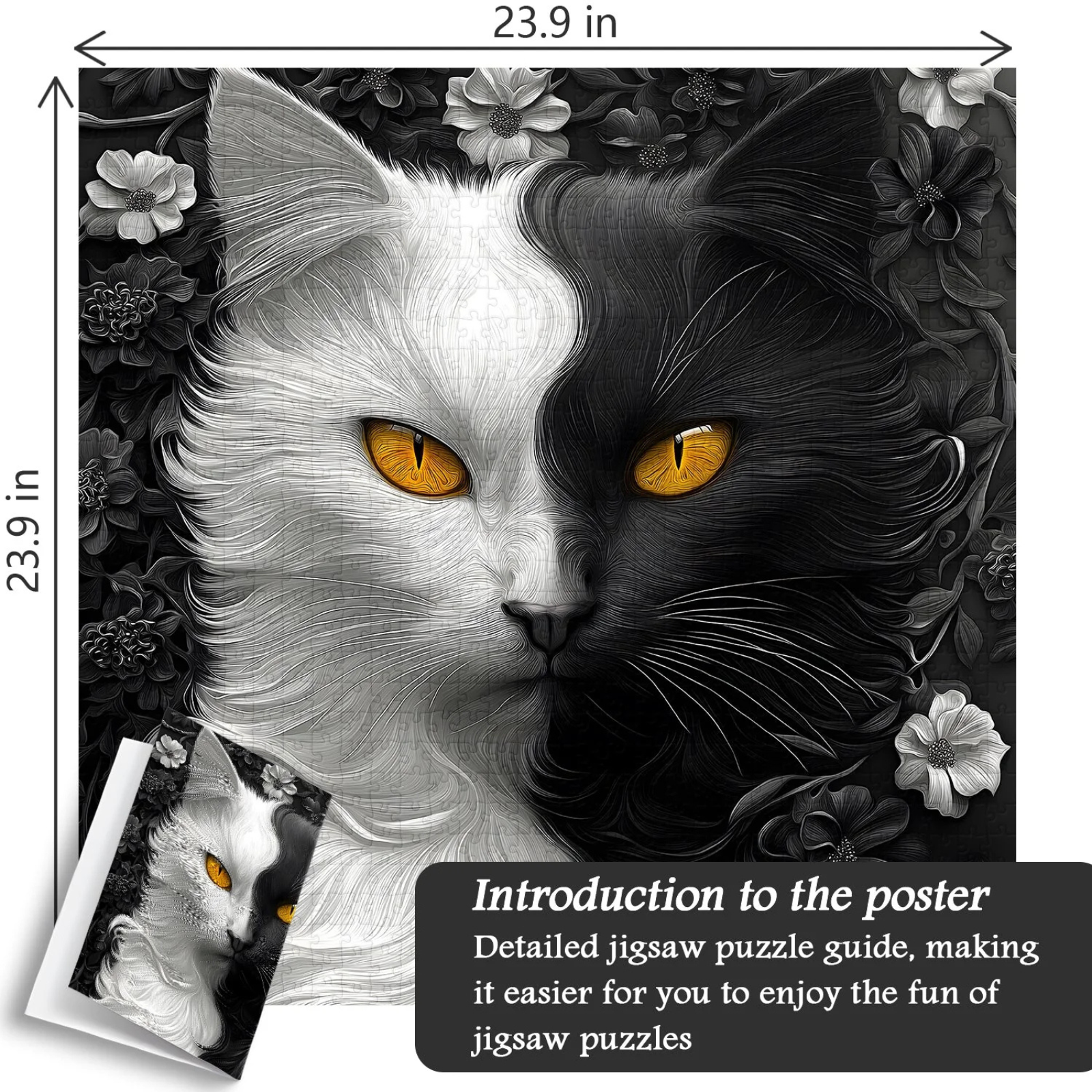 Yin Yang Cat Jigsaw Puzzle 1000 Pieces for Adults,Black and White Kitty Animal Flower Puzzle, Unique Kitten Puzzle,Impossible Difficult Hard Challenge for Adults, Cat Aesthetic Home Wall Decor
