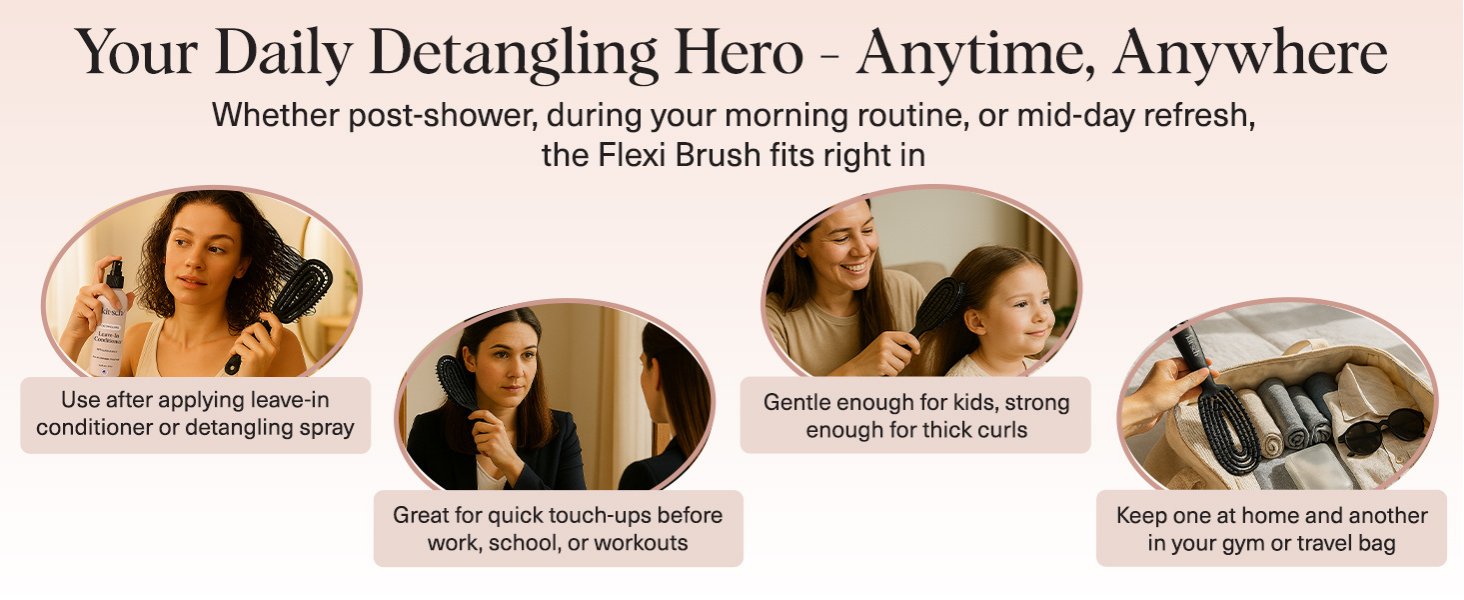 Kitsch Hair Brush Detangler – Flexi Flow Hair Brush for Women, Men & Kids | Detangling Brushes for Curly Hair with Bendable Frame, Bounce Curl Defining Brush for Wet or Dry Strands - Black