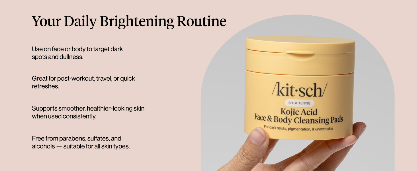 Kitsch Kojic Acid Cleansing Pads with Turmeric & Cica to Smooth, Refresh & Even Tone Skin Care &ndash; Exfoliating & Brightening Pre-Soaked Cotton Pads for Face and Body &ndash; 50 count