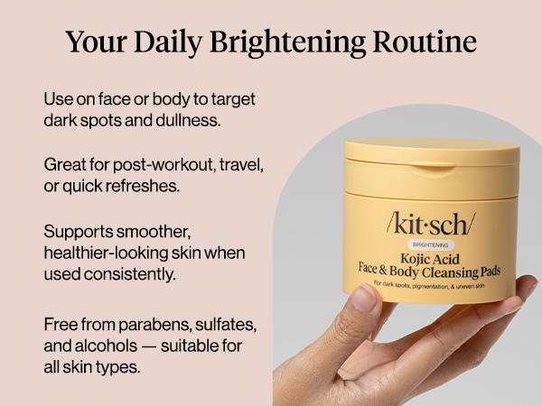 Kitsch Kojic Acid Cleansing Pads with Turmeric & Cica to Smooth, Refresh & Even Tone Skin Care &ndash; Exfoliating & Brightening Pre-Soaked Cotton Pads for Face and Body &ndash; 50 count