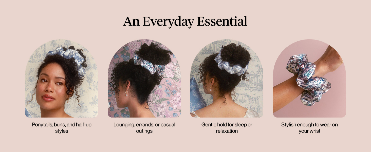 Bridgerton x Kitsch Satin Scrunchies for Women, No Snag, No Tugging, Soft & Comfortable Scrunchies for Girls, Perfect for Day or Night | Ideal Gifts for Women - Toile De Blue, 2pcs