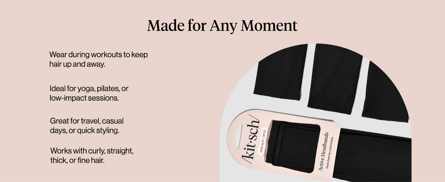 Kitsch Headbands for Women Non Slip - Running Headbands for Girls, Ideal for Working Out, Yoga, Gym, or Lounging | Stretchy Head Bands | Fashion Hair Accessories - Black, 3pcs