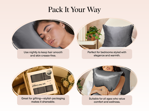 Kitsch Satin Pillowcase with Zipper for Hair & Skin - Softer Than Silk Pillow Cases, Smooth Cooling Satin Pillow Case, Wrinkle-Free, Machine Washable - Pillow Cases Standard Size (66x48 cm) - Charcoal