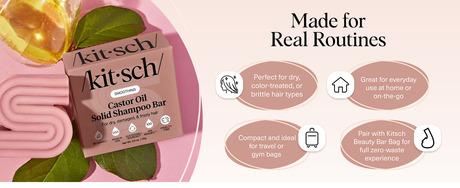 Kitsch Castor Oil Shampoo Bar Soap - Hydrating & Moisturizing Hair Care - Organic Castor Oil Solid Shampoo for Hair Growth & Scalp Nourishment - Silicone & Paraben-Free, Vegan