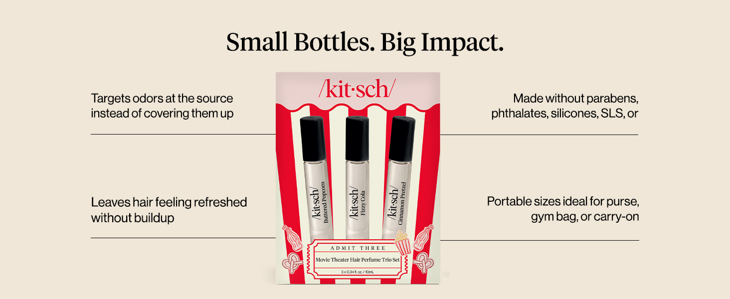 Kitsch Hair Perfume for Women - Movie Theater Set | Deodorizing & Patented Odor-Eliminating Technology Hair Spray & Body Mist - Buttered Popcorn, Fizzy Cola & Cinnamon Pretzel, 3x10mL