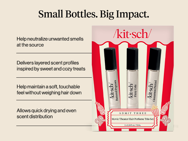 Kitsch Hair Perfume for Women - Movie Theater Set | Deodorizing & Patented Odor-Eliminating Technology Hair Spray & Body Mist - Buttered Popcorn, Fizzy Cola & Cinnamon Pretzel, 3x10mL